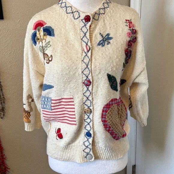 Americana 1990 Embroidered Cream Cardigan Sweater -size M? - Picture 3 of 13